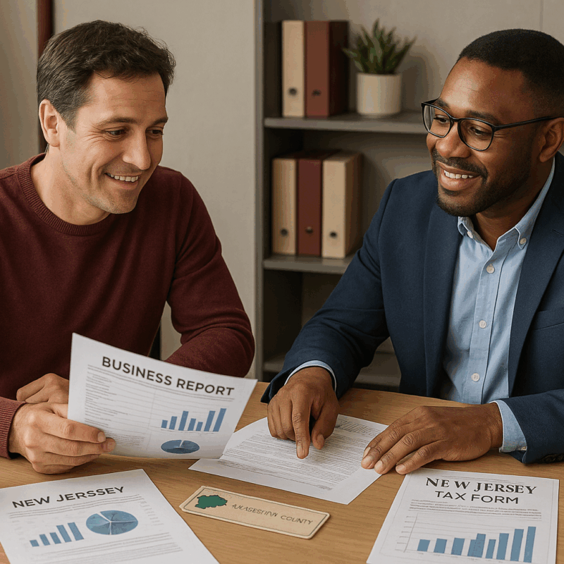 Local NJ accountant advising a small business owner with financial documents.