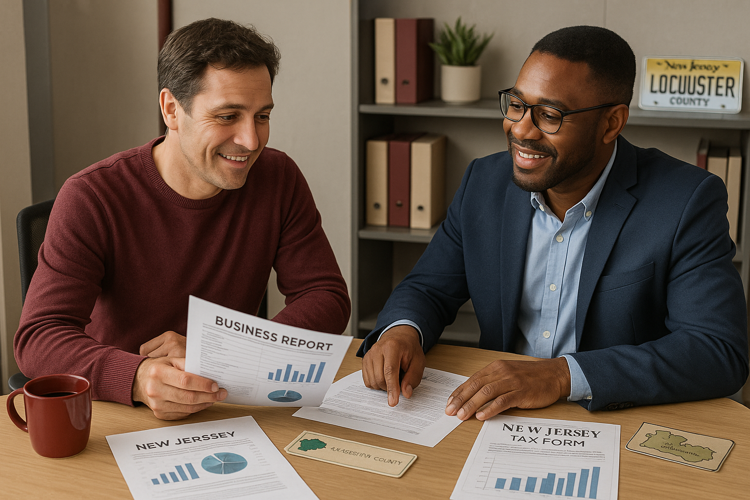Local NJ accountant advising a small business owner with financial documents.
