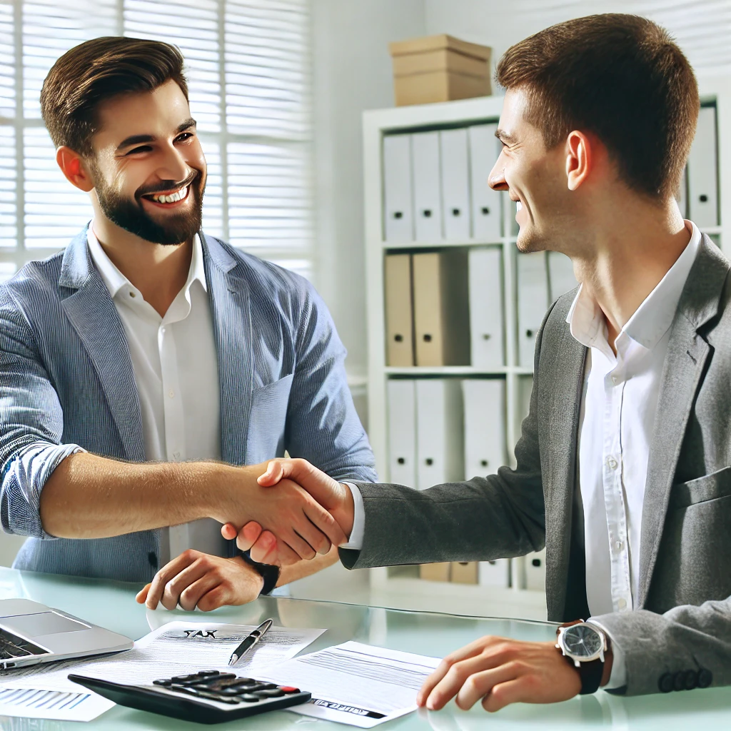 A professional accountant shaking hands with a happy small business owner after a successful tax consultation. The business owner looks relieved and satisfied, while the accountant appears confident and professional. Tax documents and a laptop are visible on the desk in a modern office setting.