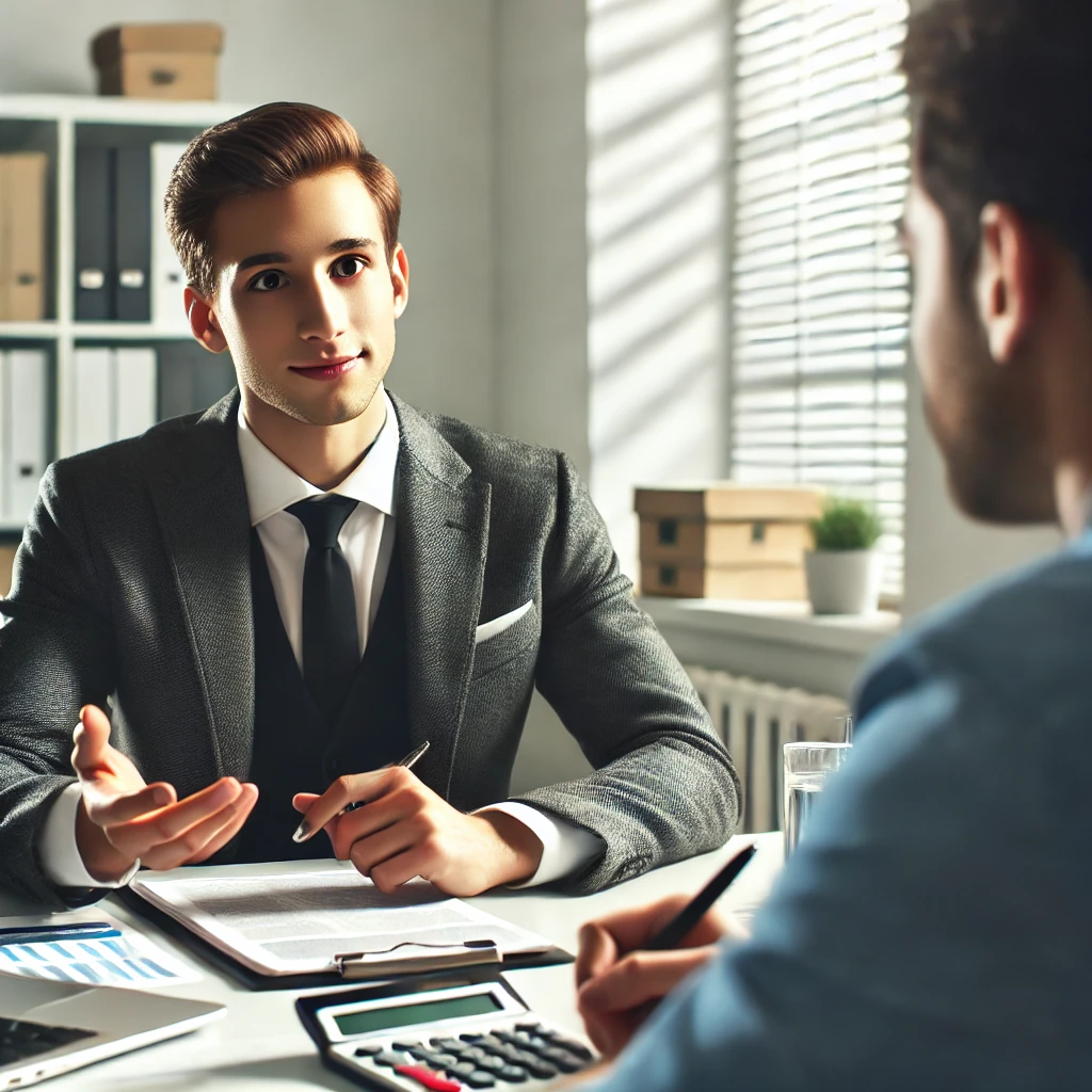 A professional accountant sitting at a desk, confidently answering a client's tax-related questions. The accountant appears knowledgeable, while the client looks curious and engaged. The desk has tax documents, a laptop, and a calculator. The office is modern, well-lit, and professional, reinforcing a trustworthy atmosphere.