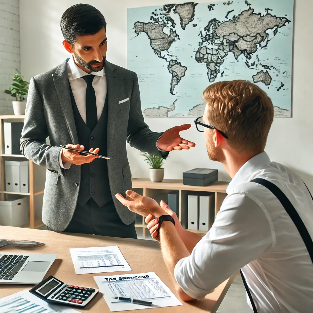 A professional accountant consulting a small business owner in a modern office in New Jersey. The accountant is explaining tax services while pointing at a financial report on the desk, which includes a laptop, tax documents, and a calculator. The setting is professional and business-focused.