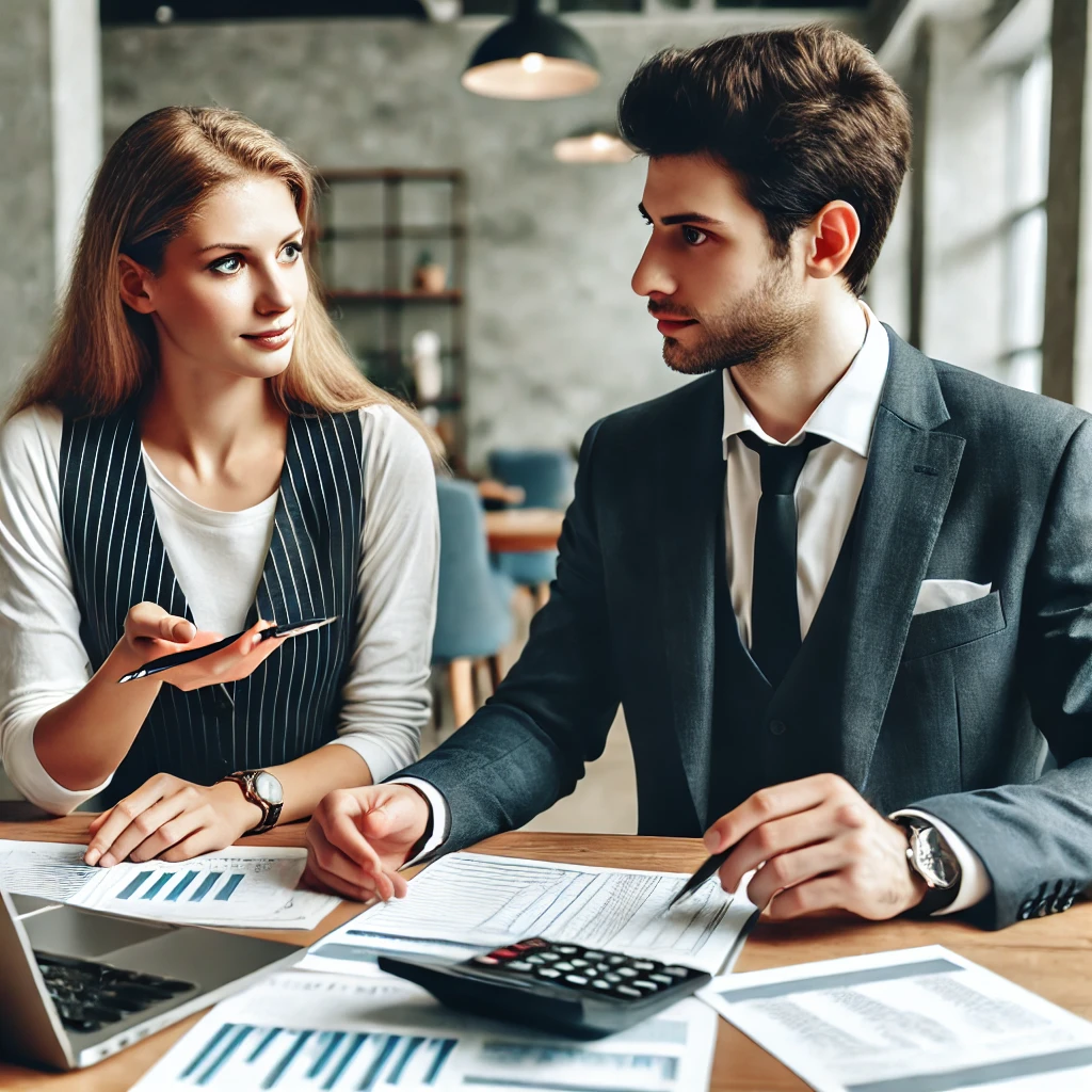 A professional accountant consulting a small business owner on tax preparation in a modern office setting. The accountant is reviewing tax documents, financial charts, and a laptop with the client.