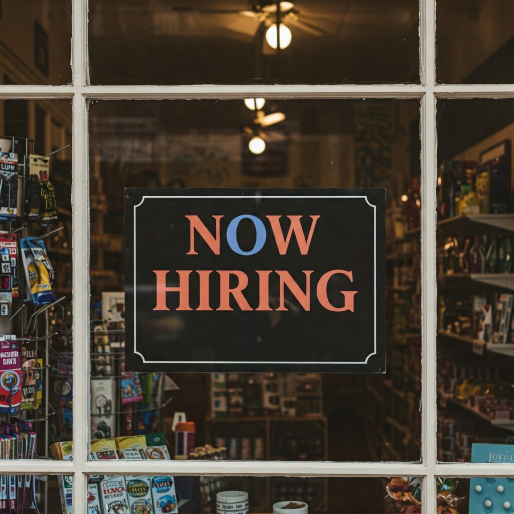 A "Now Hiring" sign indicating staffing needs for a franchise or local business.