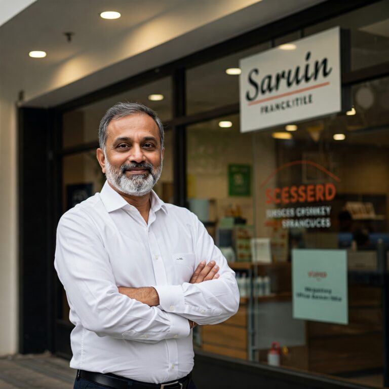 Franchise owner stands outside his Saruin store.
