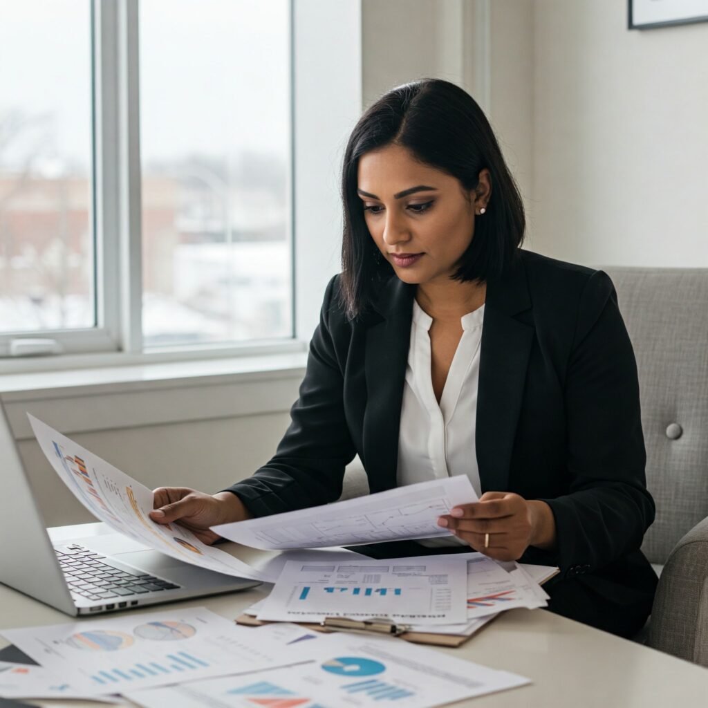 Professional woman analyzing business performance through financial charts and graphs.
