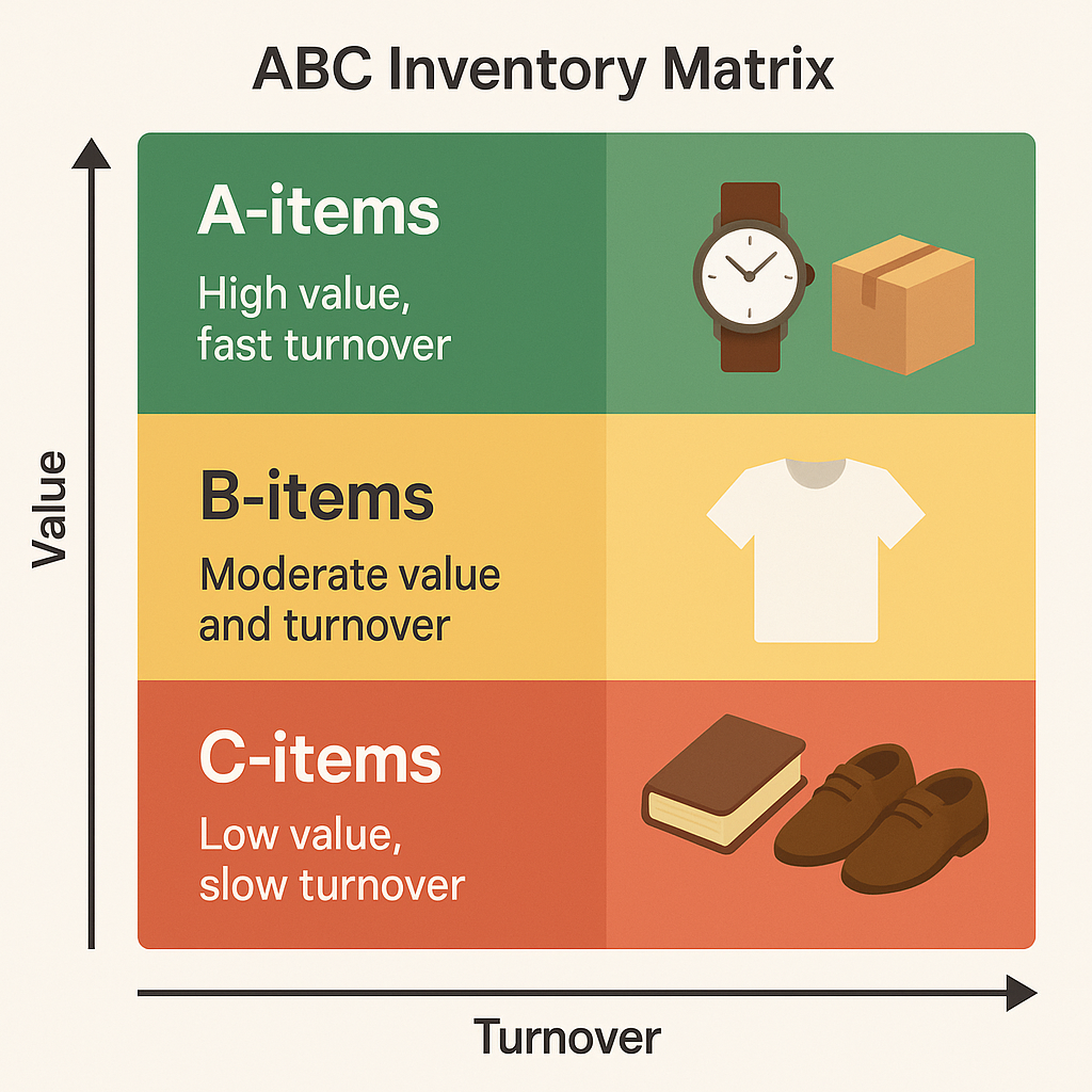 A retail ABC inventory matrix showing three quadrants