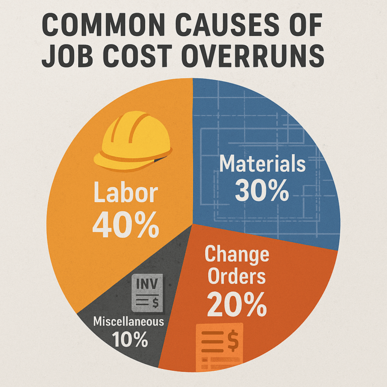 Pie chart showing a breakdown of typical cost overrun contributors (e.g., labor 40%, materials 30%, change orders 20%, other 10%)