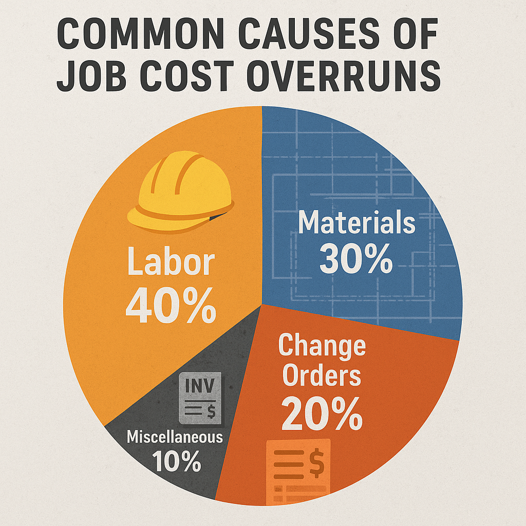Pie chart showing a breakdown of typical cost overrun contributors (e.g., labor 40%, materials 30%, change orders 20%, other 10%)